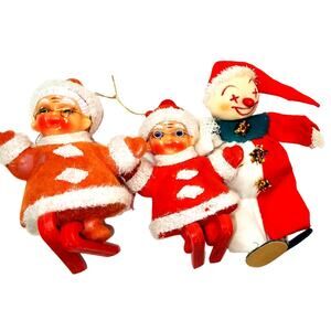Vintaged Flocked Kitsch Mr. & Mrs. Santa Claus W/Their Buddy The Christm…